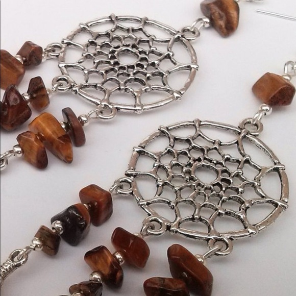 Bohemian dream catcher tigers eye dangle earrings - Picture 3 of 5
